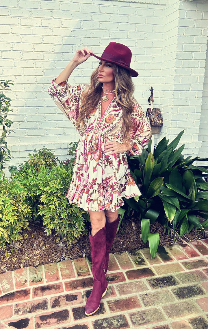 Blithe Dolman Sleeve Border Printed Dress-Mini Dresses-Aakaa-Shop with Bloom West Boutique, Women's Fashion Boutique, Located in Houma, Louisiana