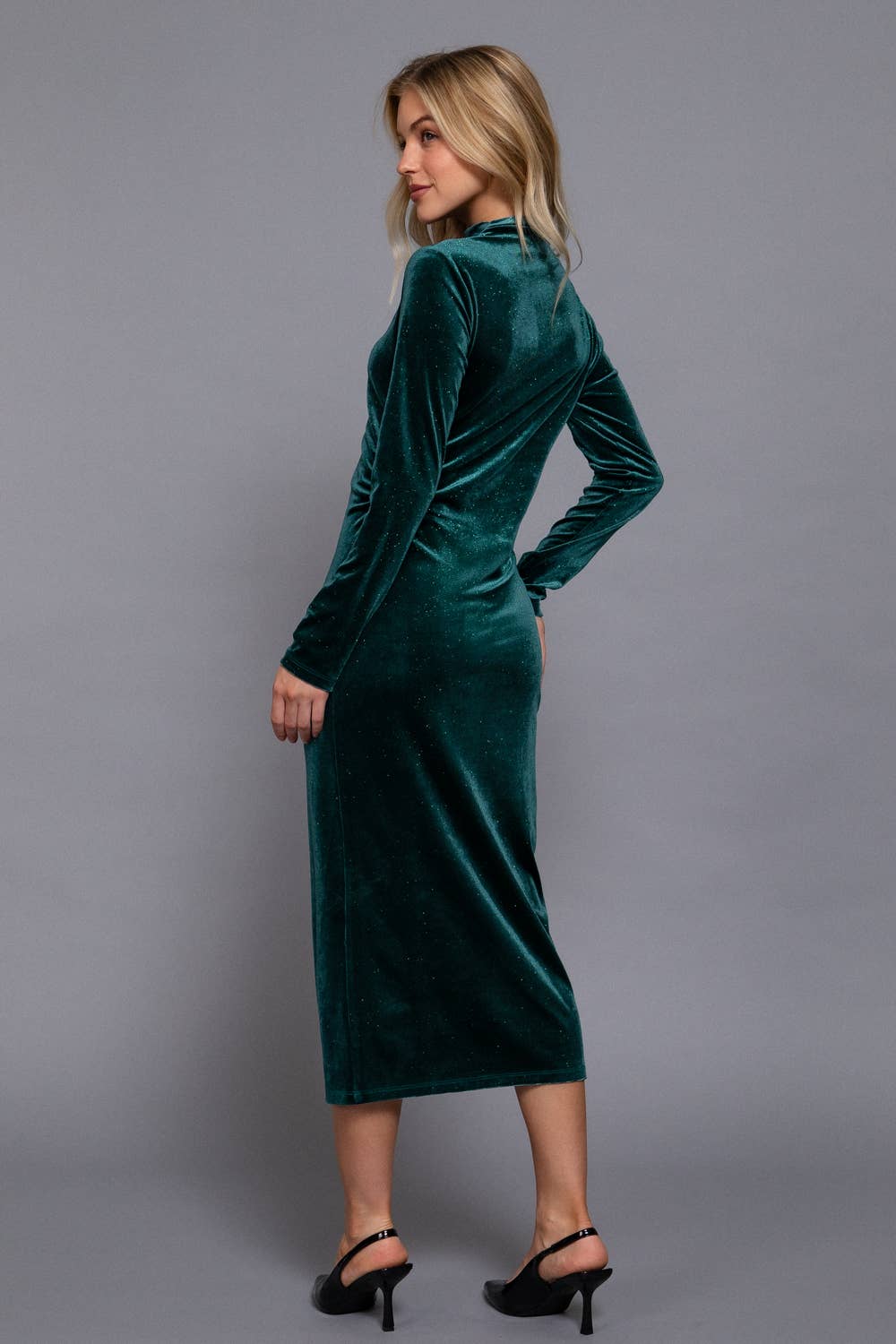 Midi Shirring Glitter Velvet Dress-Midi Dresses-Active Basic | Active USA-Shop with Bloom West Boutique, Women's Fashion Boutique, Located in Houma, Louisiana