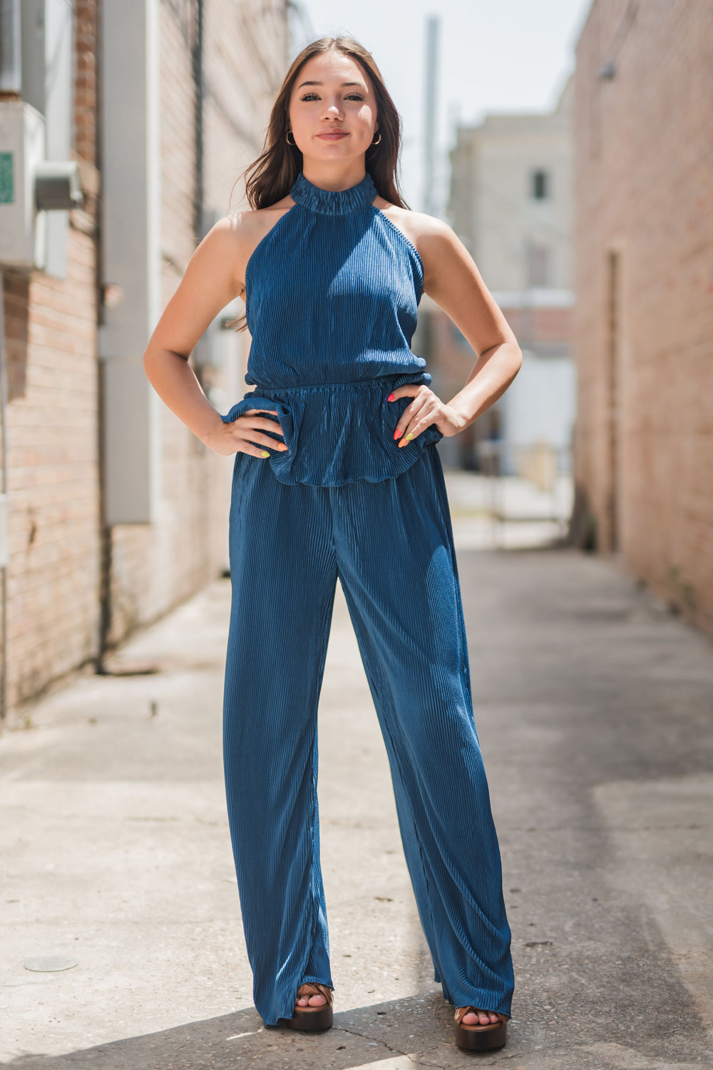 Jaxie Pleated Backless Halter Tank & Wide Leg Pants Set Blue-Tank Tops-Bloom West Boutique-Shop with Bloom West Boutique, Women's Fashion Boutique, Located in Houma, Louisiana