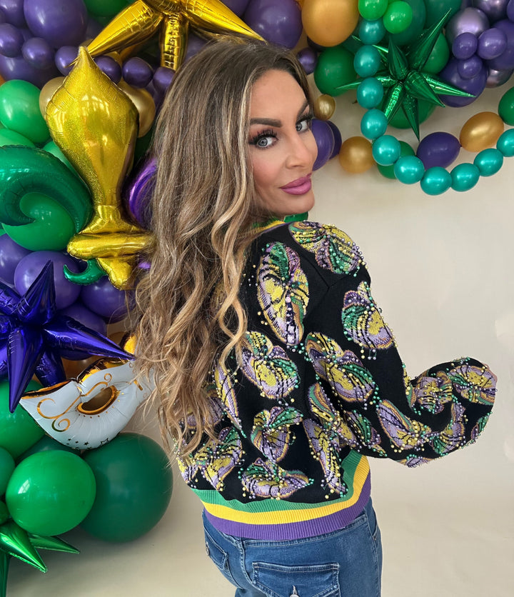 Queen of Sparkles Black Pearl King Cake Mardi Cardigan-QOS Tops-Queen Of Sparkles-Shop with Bloom West Boutique, Women's Fashion Boutique, Located in Houma, Louisiana