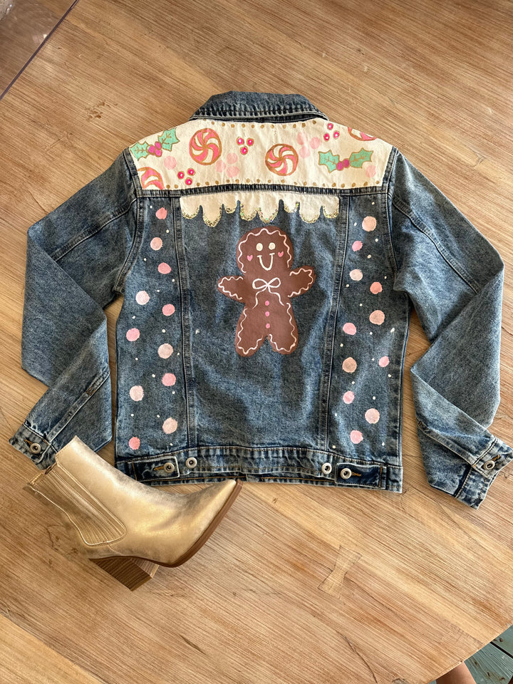 Women's Gingerbread Hand Custom Painted Denim Jacket Long Sleeve Top-Jackets-Hidden Brand-Shop with Bloom West Boutique, Women's Fashion Boutique, Located in Houma, Louisiana