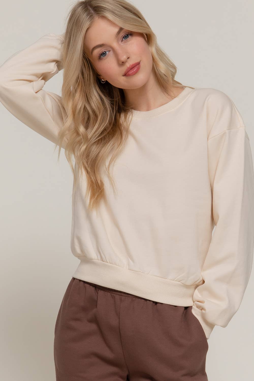 Round Neck Crop SweatShirt beige-Sweaters-Active Basic | Active USA-Shop with Bloom West Boutique, Women's Fashion Boutique, Located in Houma, Louisiana