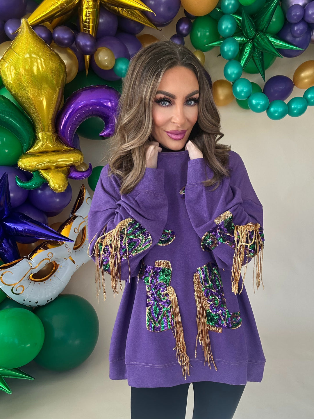 Nemesis Fringed Mardi Gras Boots Sequin Pullover-Graphic Sweaters-Bibi-Shop with Bloom West Boutique, Women's Fashion Boutique, Located in Houma, Louisiana