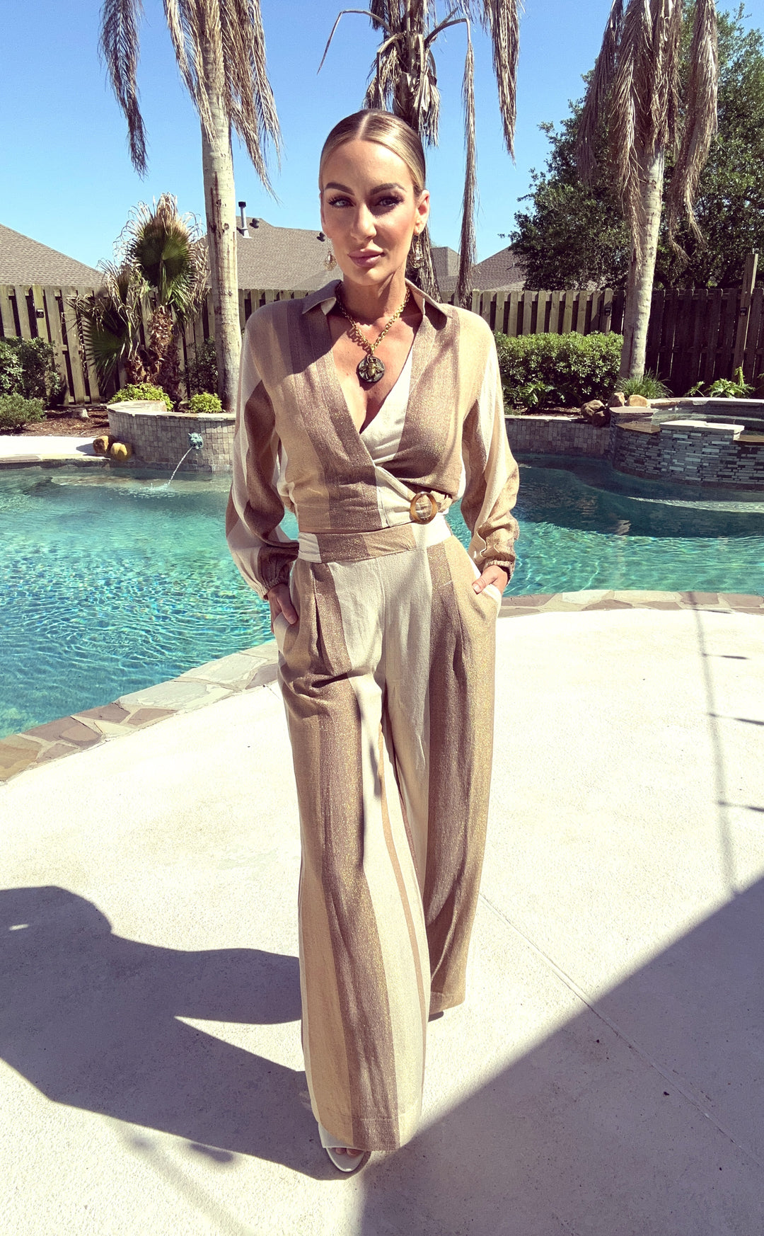 Vintage Havana Cocoa Stripe Woven Metallic Set-Two Piece Set-Vintage Havana-Shop with Bloom West Boutique, Women's Fashion Boutique, Located in Houma, Louisiana