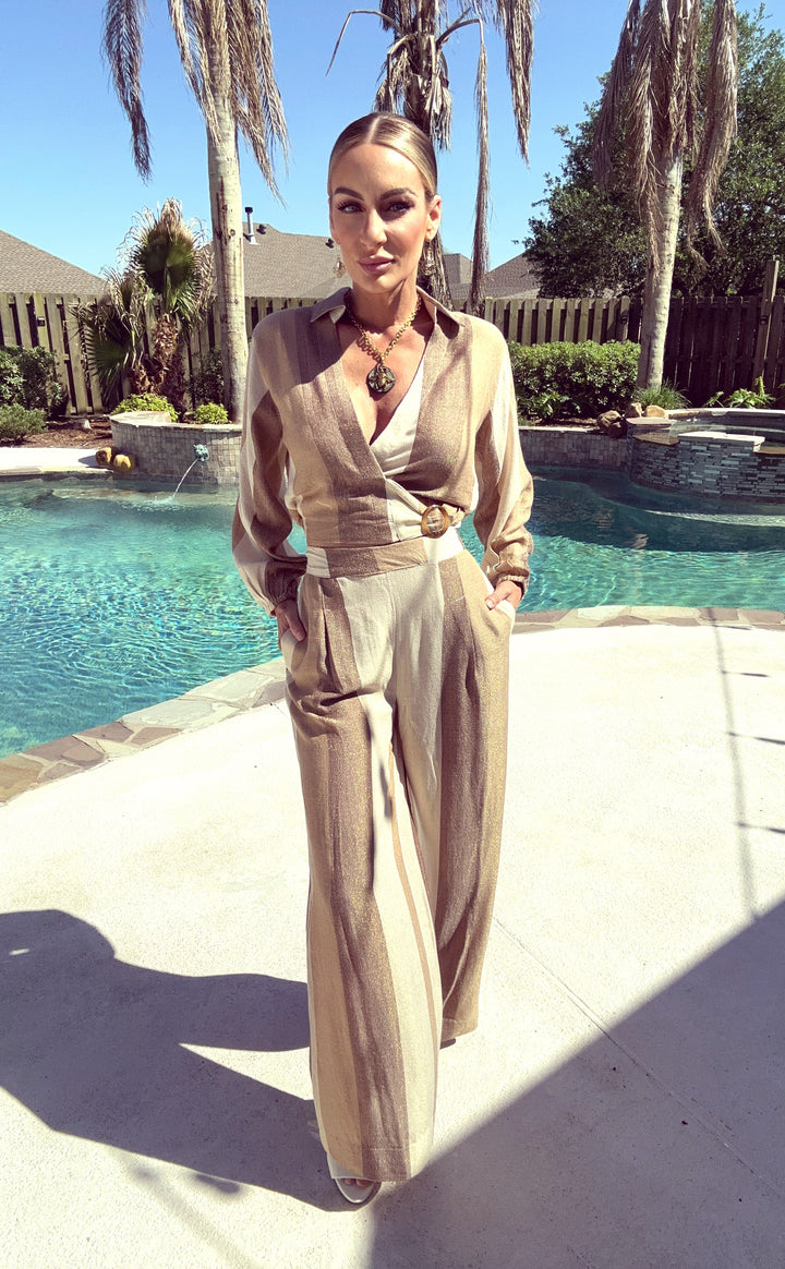 Vintage Havana Cocoa Stripe Woven Metallic Set-Two Piece Set-Vintage Havana-Shop with Bloom West Boutique, Women's Fashion Boutique, Located in Houma, Louisiana