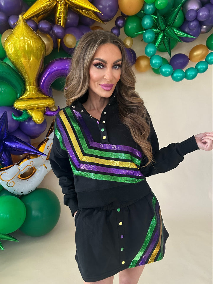 Queen Of Sparkles Black Mardi Gras Diagonal Henley Sweatshirt-QOS Tops-Queen Of Sparkles-Shop with Bloom West Boutique, Women's Fashion Boutique, Located in Houma, Louisiana