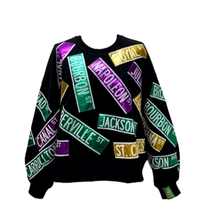 Queen of Sparkles Black Metallic Nola Street Signs Sweatshirt-QOS Tops-Queen Of Sparkles-Shop with Bloom West Boutique, Women's Fashion Boutique, Located in Houma, Louisiana