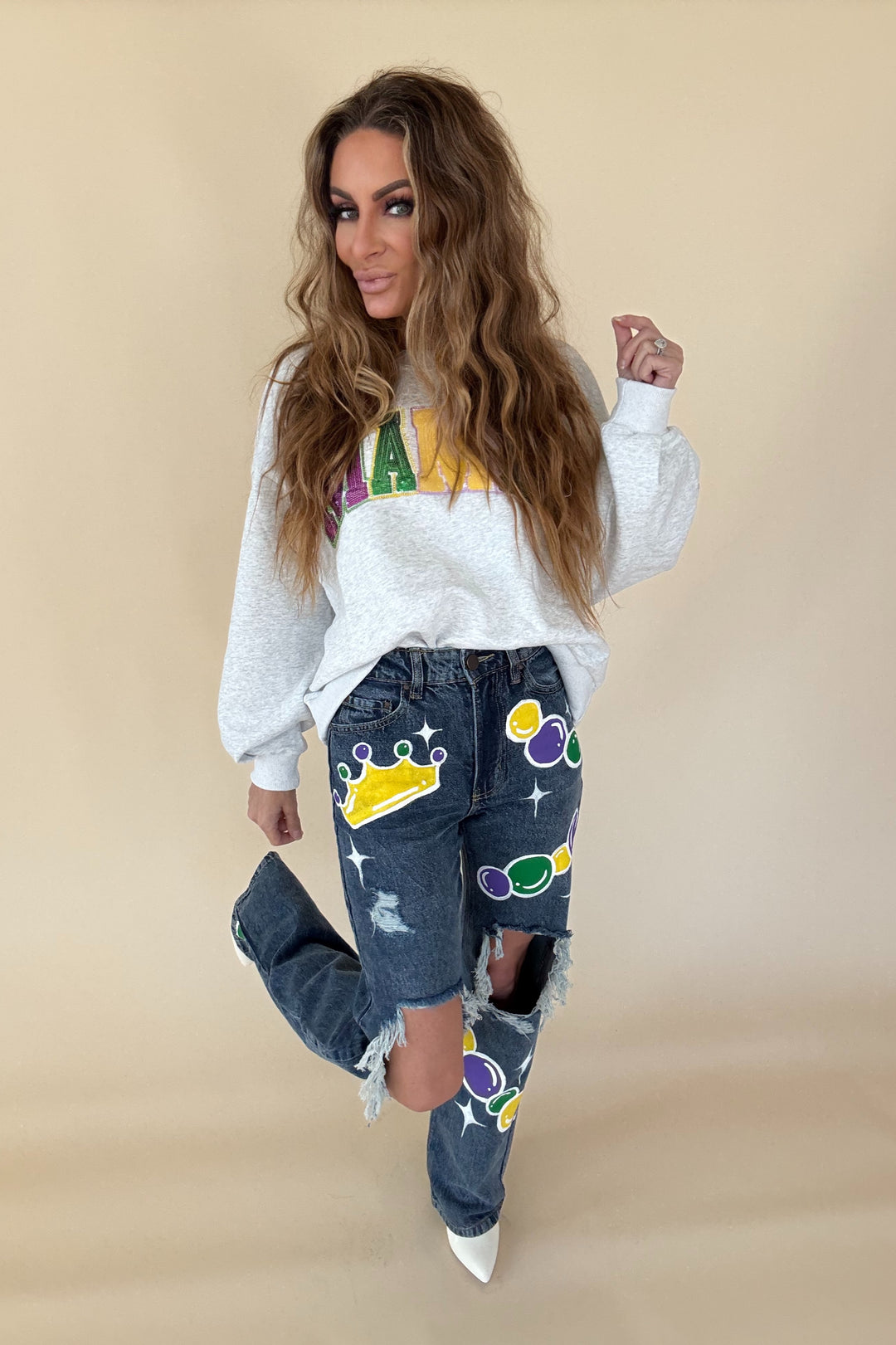 Throw Me Something Mister Mardi Gras Jeans-Jeans-Bloom West Boutique-Shop with Bloom West Boutique, Women's Fashion Boutique, Located in Houma, Louisiana