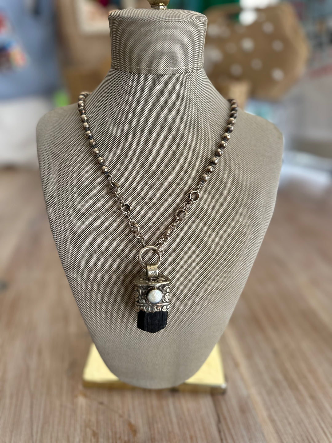 Vintage Sterling Plated Chain With Black Tourmaline Pendant-Accessories-Erin Knight Designs-Shop with Bloom West Boutique, Women's Fashion Boutique, Located in Houma, Louisiana