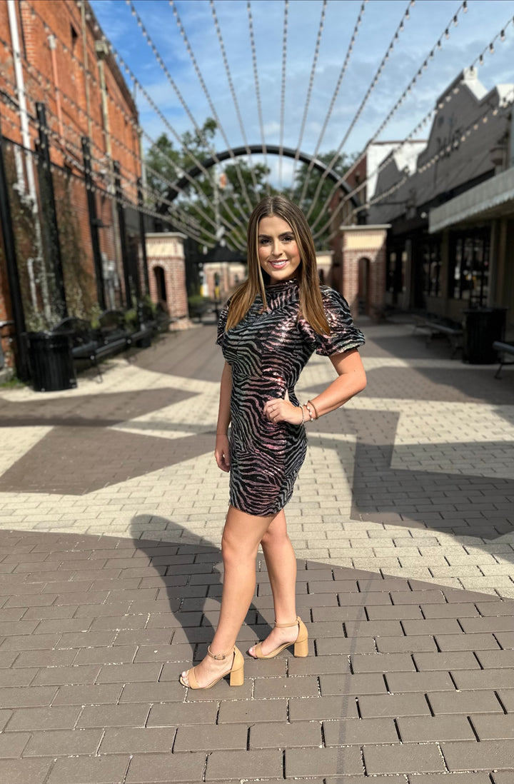 Savannah Sequin Tiger Print Dress-Semi Formal Dresses-Fate By LFD-Shop with Bloom West Boutique, Women's Fashion Boutique, Located in Houma, Louisiana