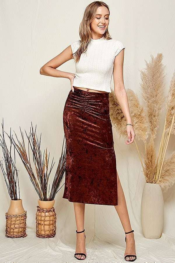 RUCHED CRUSHED VELVELT MIDI SKIRT-Skirts-Heart & Hips-Shop with Bloom West Boutique, Women's Fashion Boutique, Located in Houma, Louisiana
