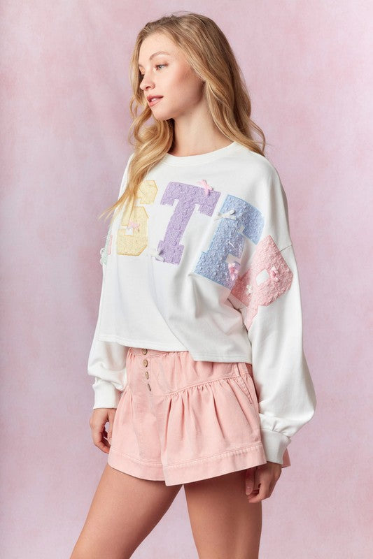 Easter Tweed Embroidery Sweatshirt-Sweaters-Peach Love-Shop with Bloom West Boutique, Women's Fashion Boutique, Located in Houma, Louisiana