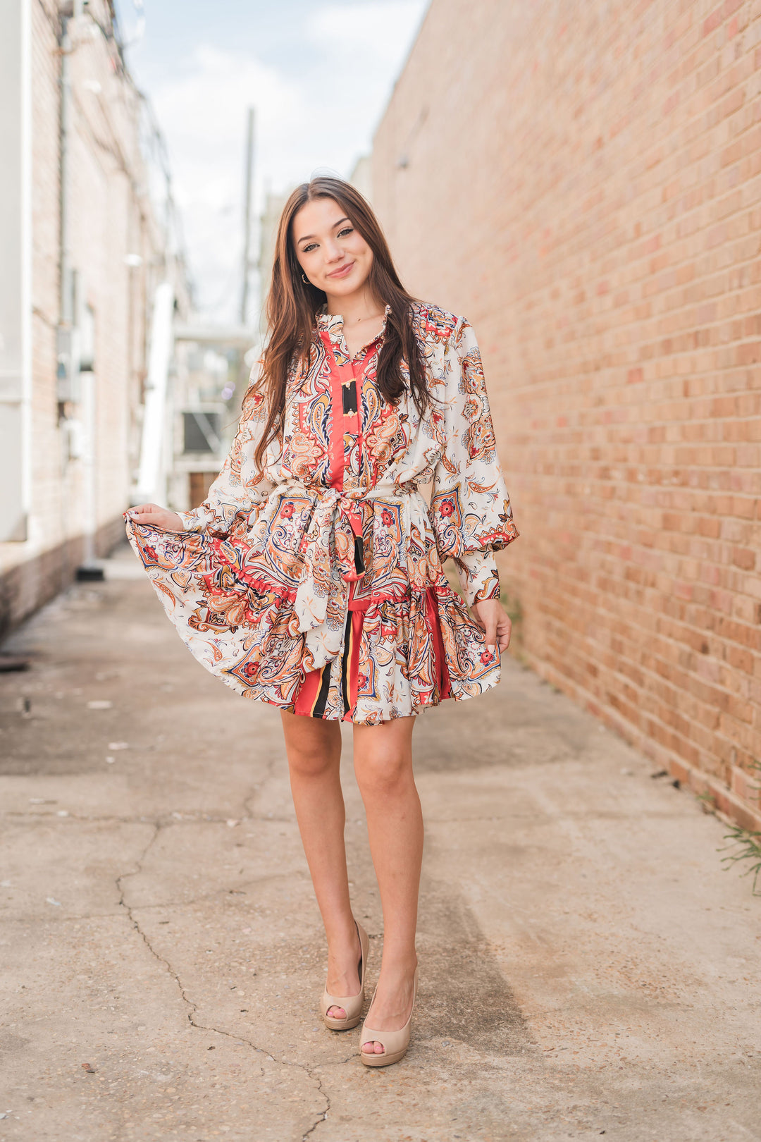 Samara Scarf Print Button Front Dress Cream/Coral-Dresses-Fate By LFD-Shop with Bloom West Boutique, Women's Fashion Boutique, Located in Houma, Louisiana