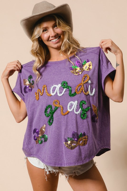 Mardi Gras Tinsel and Sequin Fleur Dis Le with Mask Patches Shirt-Graphic Tees-Bibi-Shop with Bloom West Boutique, Women's Fashion Boutique, Located in Houma, Louisiana