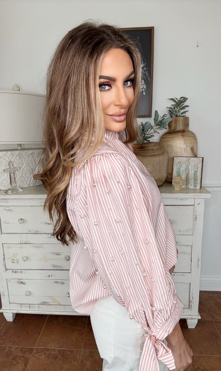 The Rosy Pink Pearl Top-Long Sleeves-Entro-Shop with Bloom West Boutique, Women's Fashion Boutique, Located in Houma, Louisiana