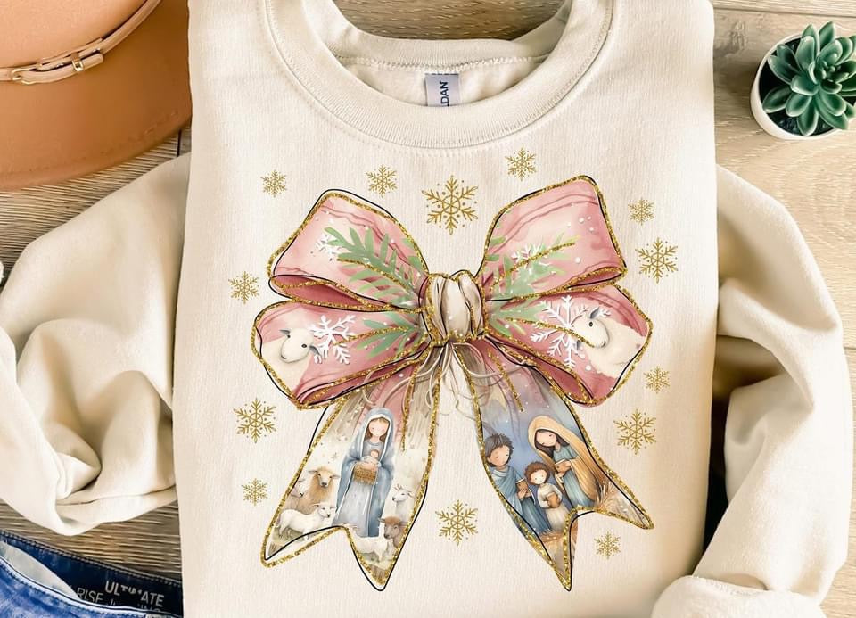 Nativity Bow Sweatshirt-Graphic Sweaters-The Wild Navy-Shop with Bloom West Boutique, Women's Fashion Boutique, Located in Houma, Louisiana