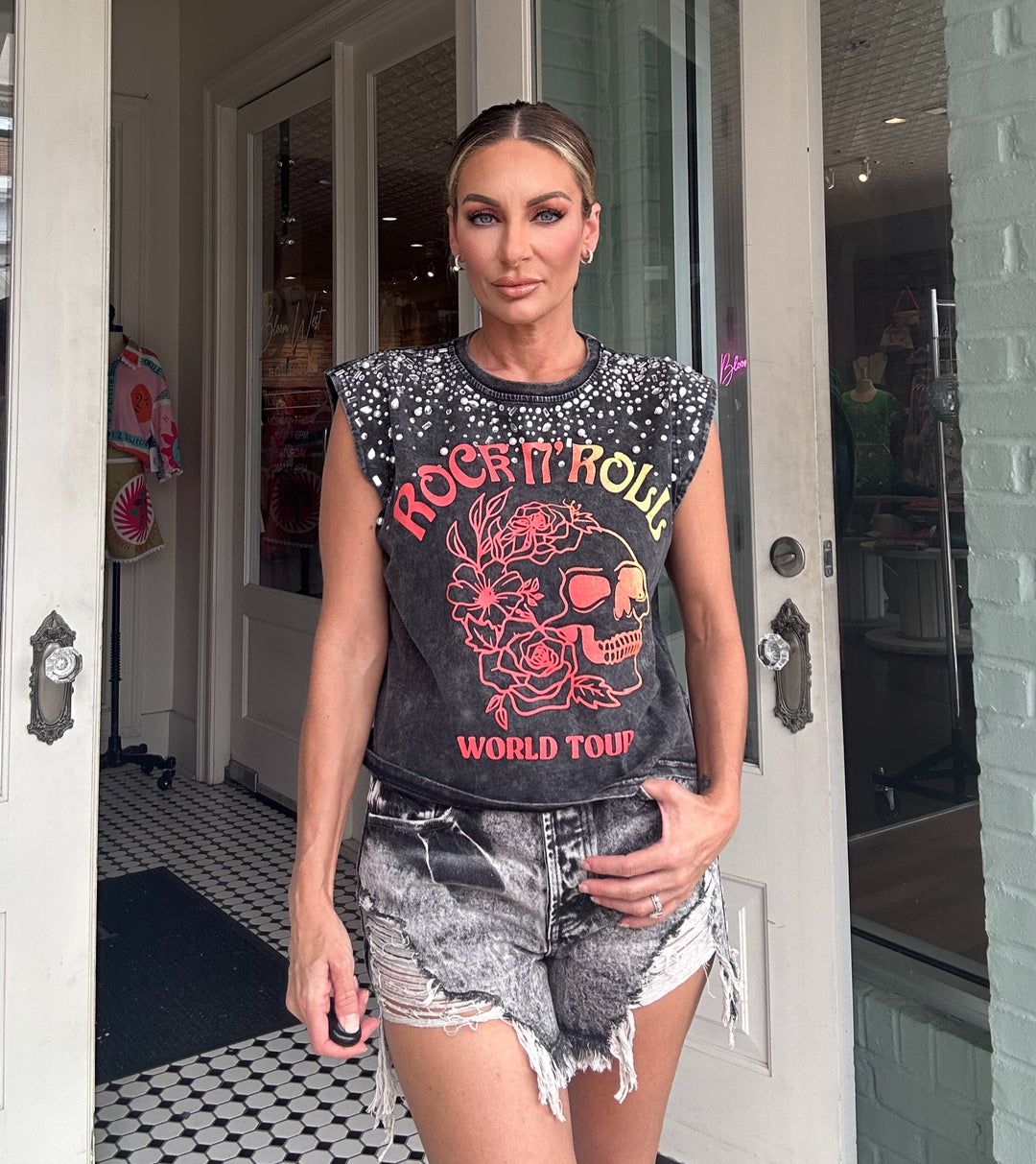 Rock N Roll Graphic Rhinestone & Pearl Trim Tee-Graphic Tees-Main Strip-Shop with Bloom West Boutique, Women's Fashion Boutique, Located in Houma, Louisiana