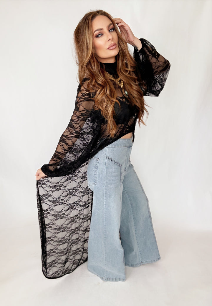 Enchanted Noir High-Low Lace Top-Tops-Nylon Apparel-Shop with Bloom West Boutique, Women's Fashion Boutique, Located in Houma, Louisiana