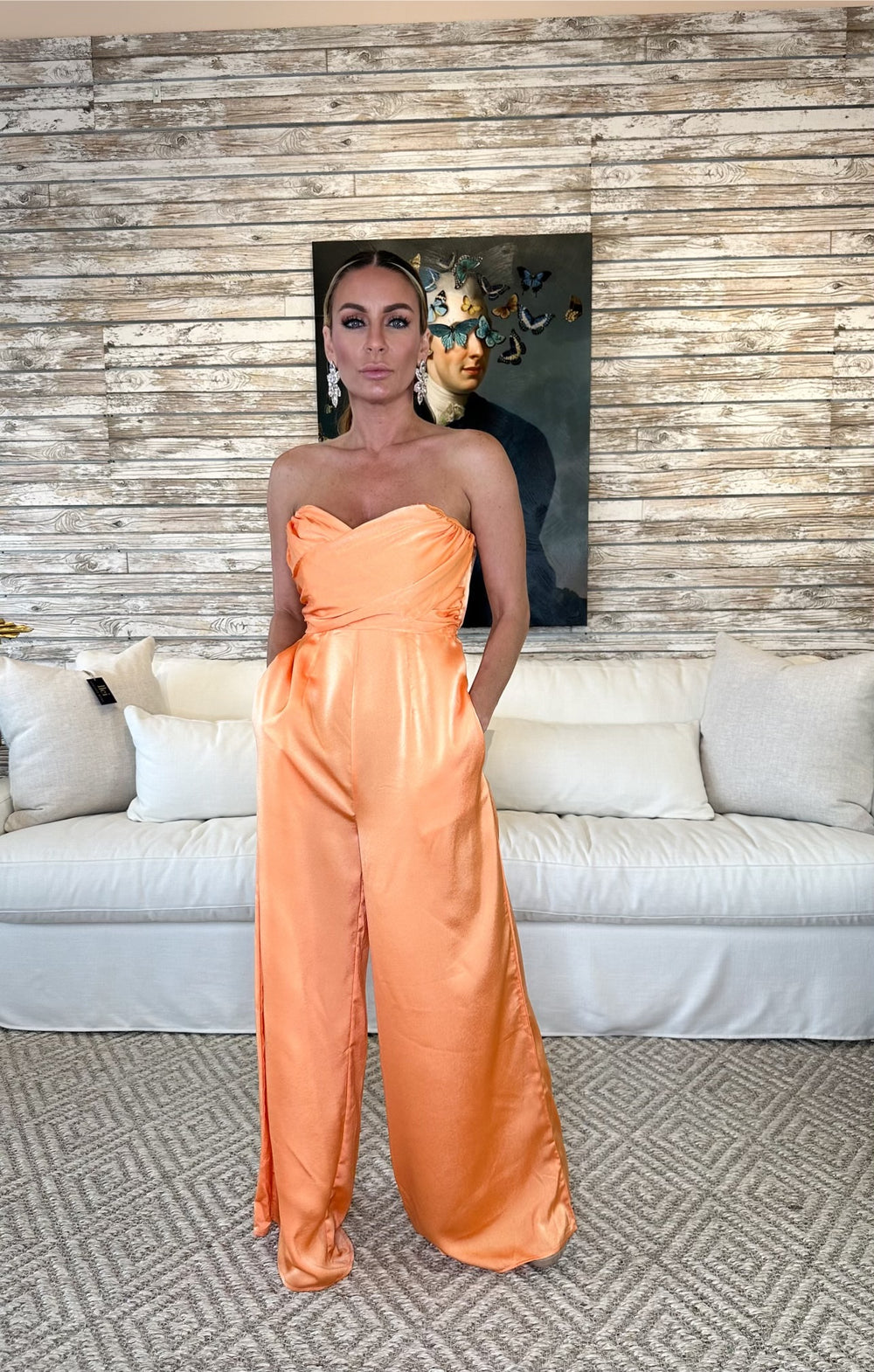 Marigold Strapless Satin Jumpsuit-Jumpsuits-Bloom West Boutique-Shop with Bloom West Boutique, Women's Fashion Boutique, Located in Houma, Louisiana