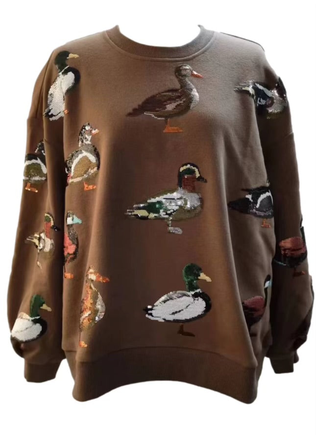 Queen Of Sparkles Brown Scattered Duck Sweatshirt-Graphic Sweaters-Queen Of Sparkles-Shop with Bloom West Boutique, Women's Fashion Boutique, Located in Houma, Louisiana