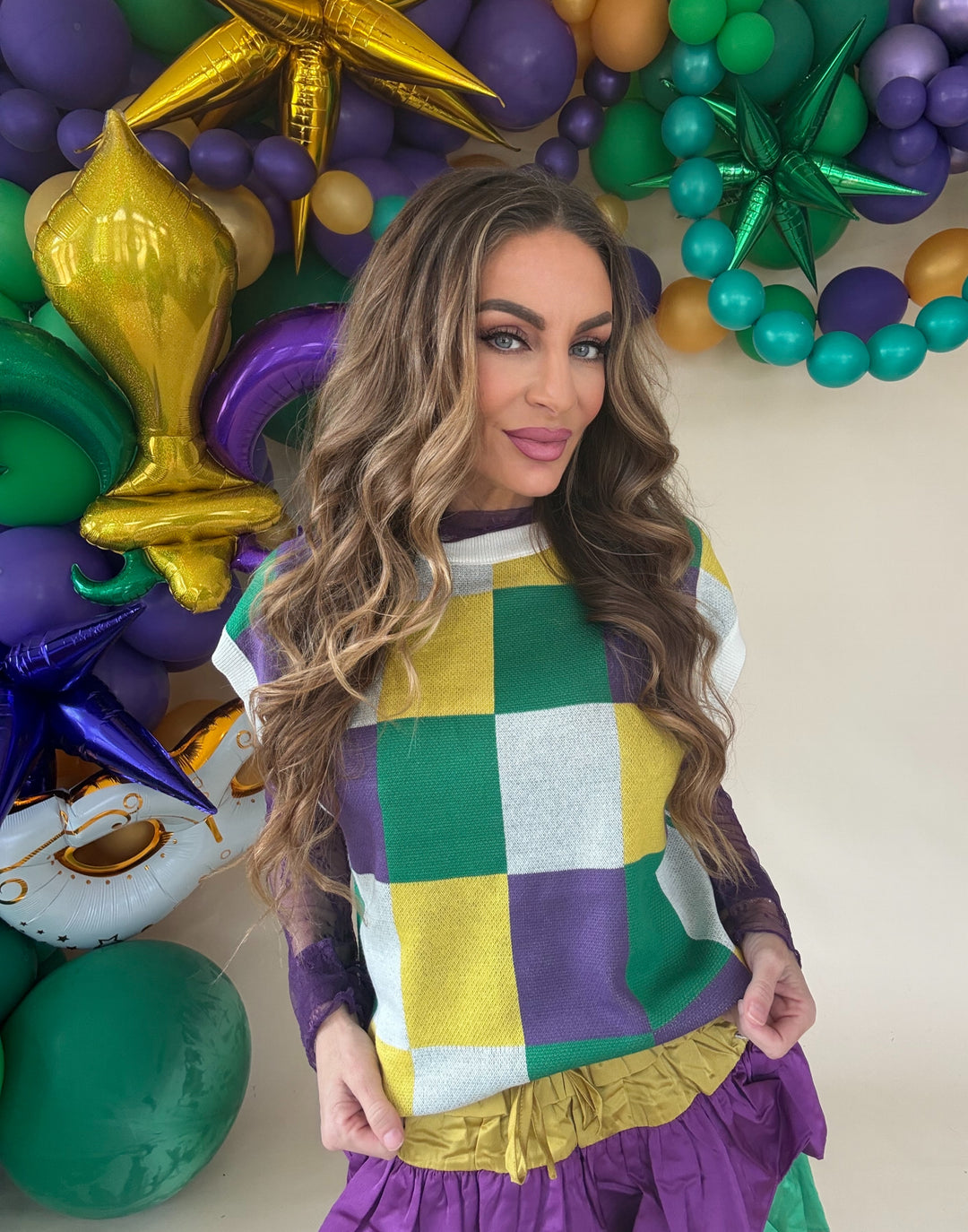 Mardi Gras Checkered Sleeveless Sweater Top-Short Sleeves-Bibi-Shop with Bloom West Boutique, Women's Fashion Boutique, Located in Houma, Louisiana