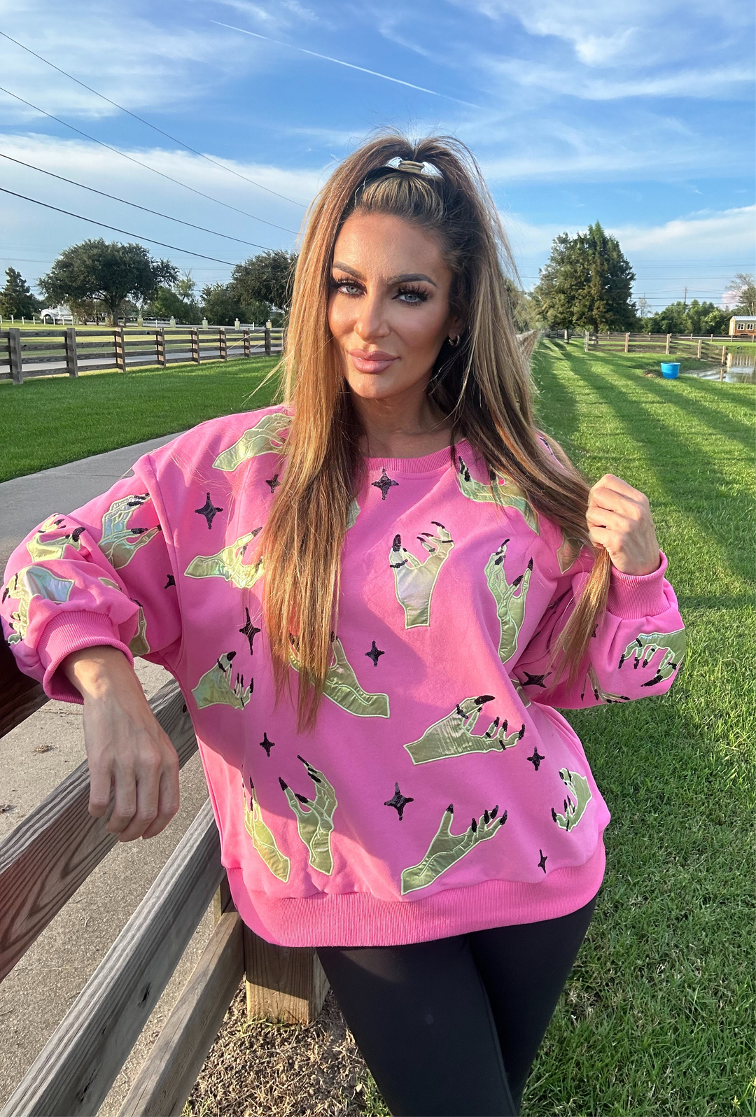 Queen of Sparkles Pink and Green Witch Hand-Sweaters-Queen Of Sparkles-Shop with Bloom West Boutique, Women's Fashion Boutique, Located in Houma, Louisiana