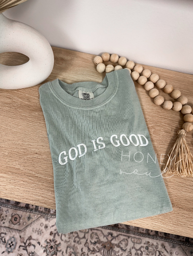 Embroidered GOD IS GOOD Tee-Graphic Tees-Honey Soul LLC-Shop with Bloom West Boutique, Women's Fashion Boutique, Located in Houma, Louisiana