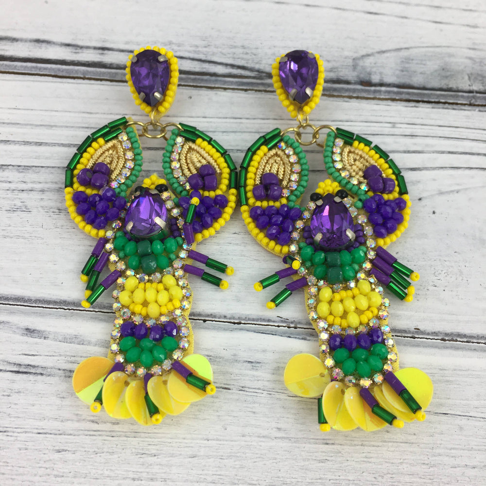 Mardi Gras Bead and Rhinestone Crawfish Earrings-Earrings-SongLily-Shop with Bloom West Boutique, Women's Fashion Boutique, Located in Houma, Louisiana
