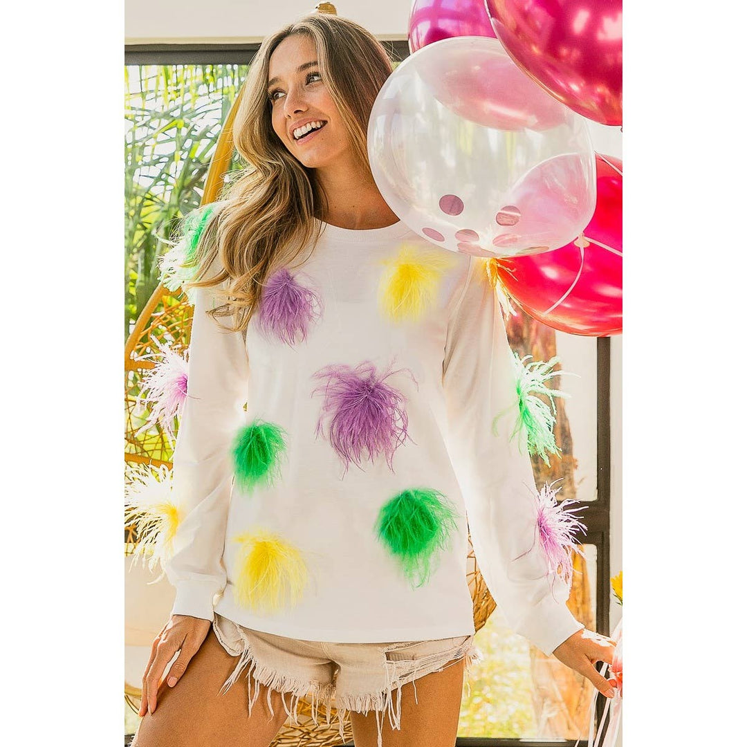 MARDI GRAS FAUX FEATHER TRIM TOP-BiBi-Shop with Bloom West Boutique, Women&