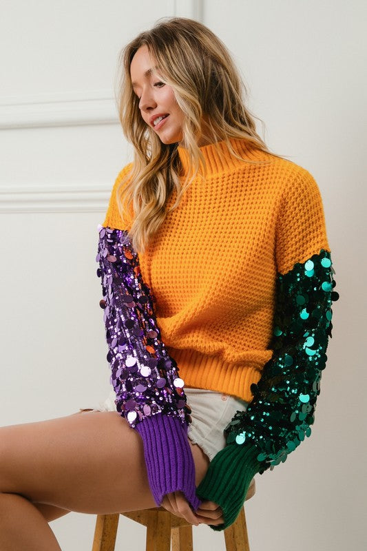 Krewe Spangled Sleeve Mardi Gras Color Block Sweater-Sweaters-Bibi-Shop with Bloom West Boutique, Women's Fashion Boutique, Located in Houma, Louisiana