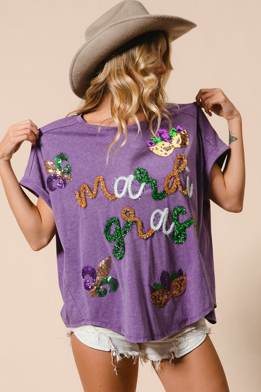 Mardi Gras Tinsel and Sequin Fleur Dis Le with Mask Patches Shirt-Graphic Tees-Bibi-Shop with Bloom West Boutique, Women's Fashion Boutique, Located in Houma, Louisiana