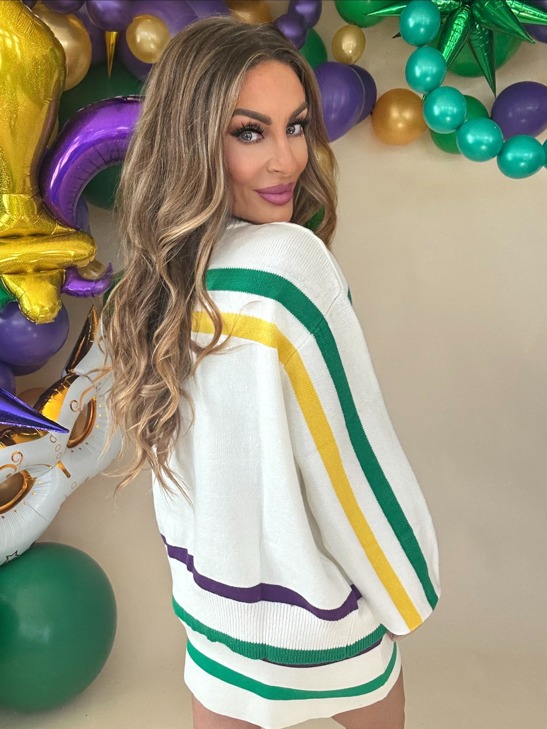 Queen Of Sparkles White Striped Mardi Gras Mask Sweater-QOS Tops-Queen Of Sparkles-Shop with Bloom West Boutique, Women's Fashion Boutique, Located in Houma, Louisiana