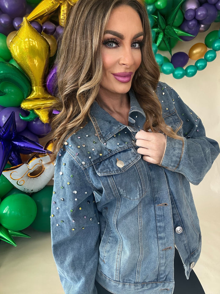 Mardi Gras King Cake Rhinestone Denim Jacket-Jackets-songlily-Shop with Bloom West Boutique, Women's Fashion Boutique, Located in Houma, Louisiana