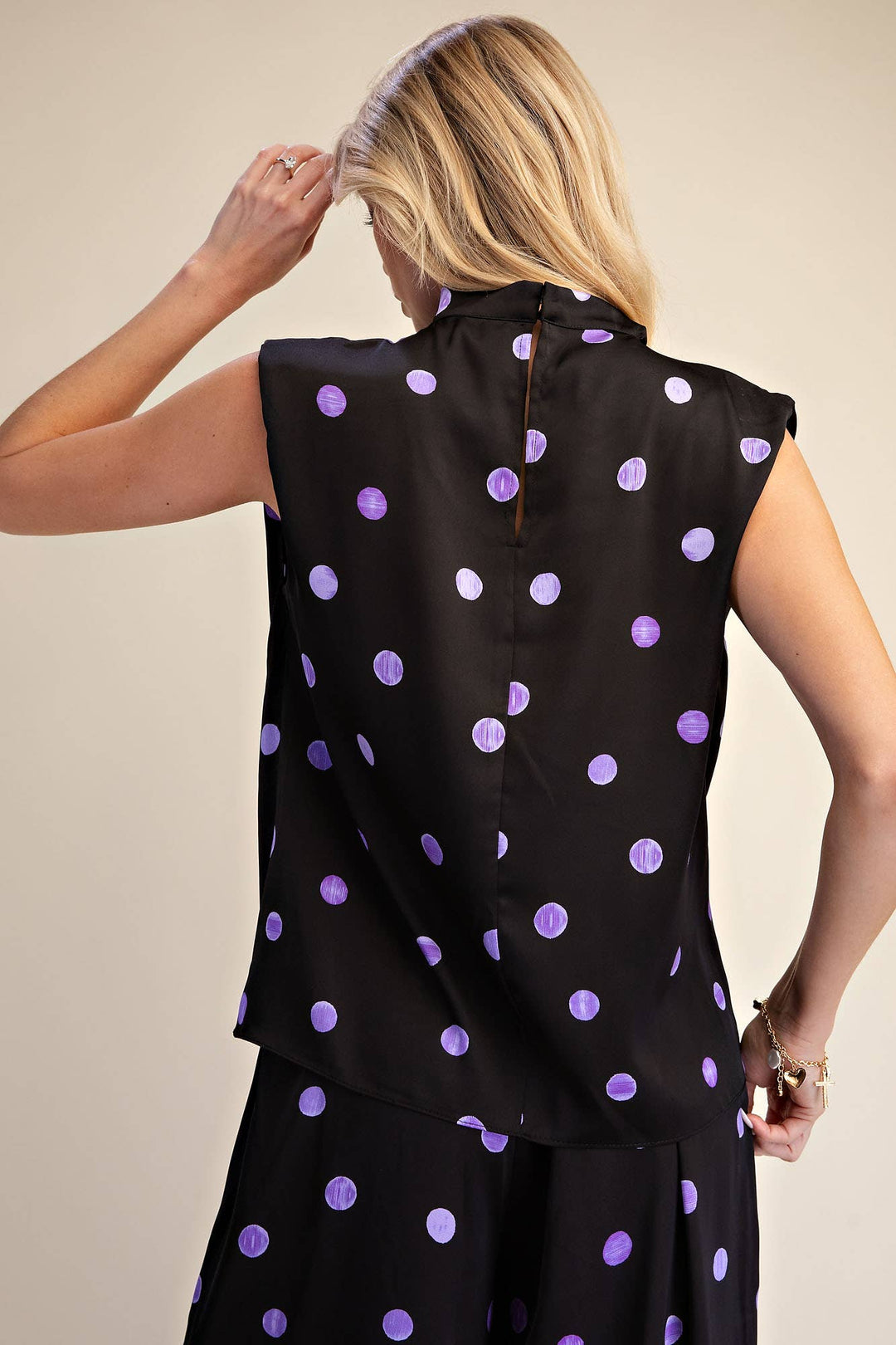 Cowl Mock Neck Pleats Shoulder Sleeveless Top Polka Dot-Glam-Shop with Bloom West Boutique, Women&