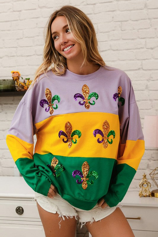 Zulu Sequin Fleur De Lis Mardi Gras Sweatshirt-Sweaters-Bibi-Shop with Bloom West Boutique, Women's Fashion Boutique, Located in Houma, Louisiana