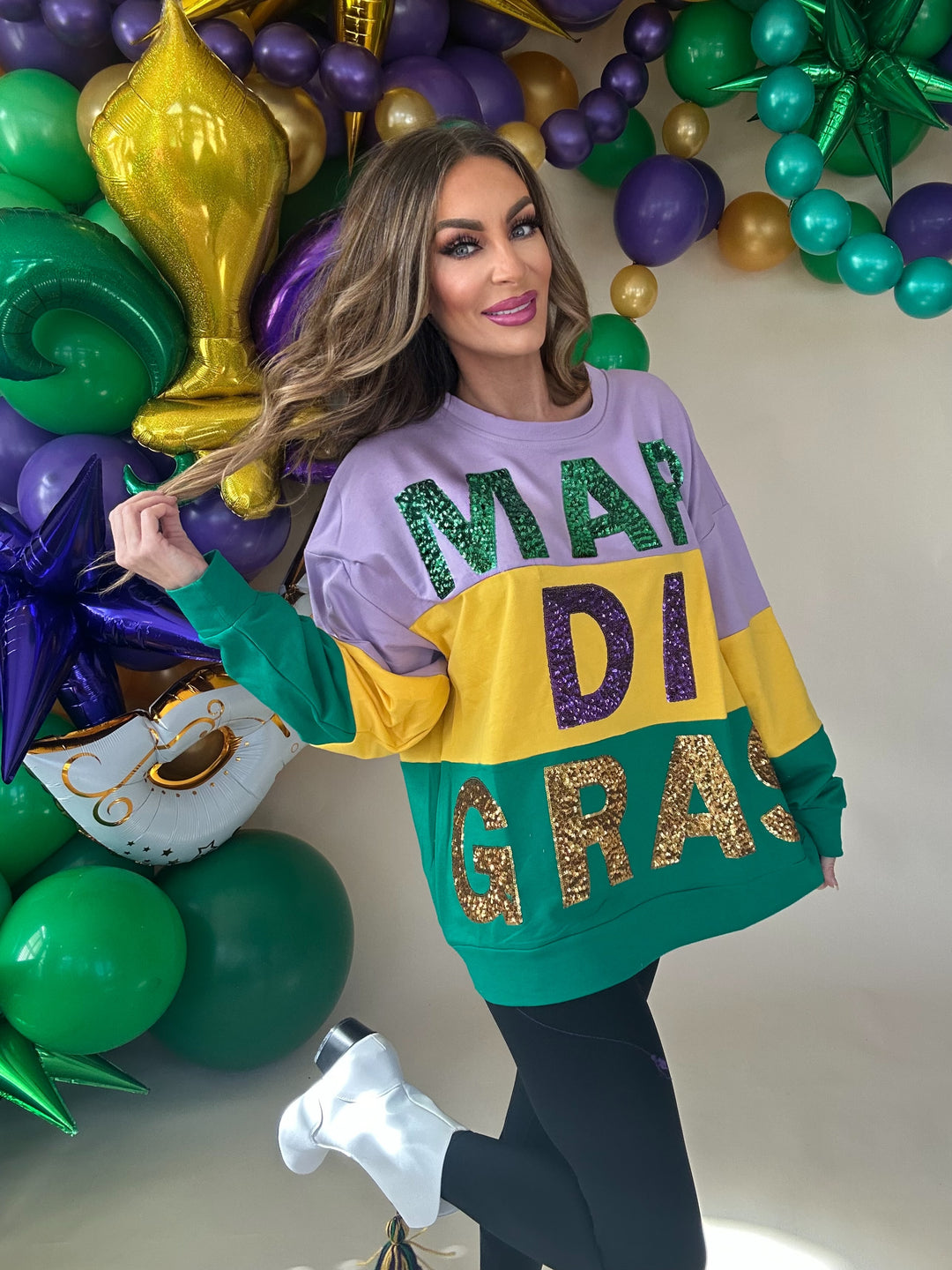 Rex Sequin Mardi Gras Lettering Color Block Sweatshirt-Graphic Sweaters-Bibi-Shop with Bloom West Boutique, Women's Fashion Boutique, Located in Houma, Louisiana