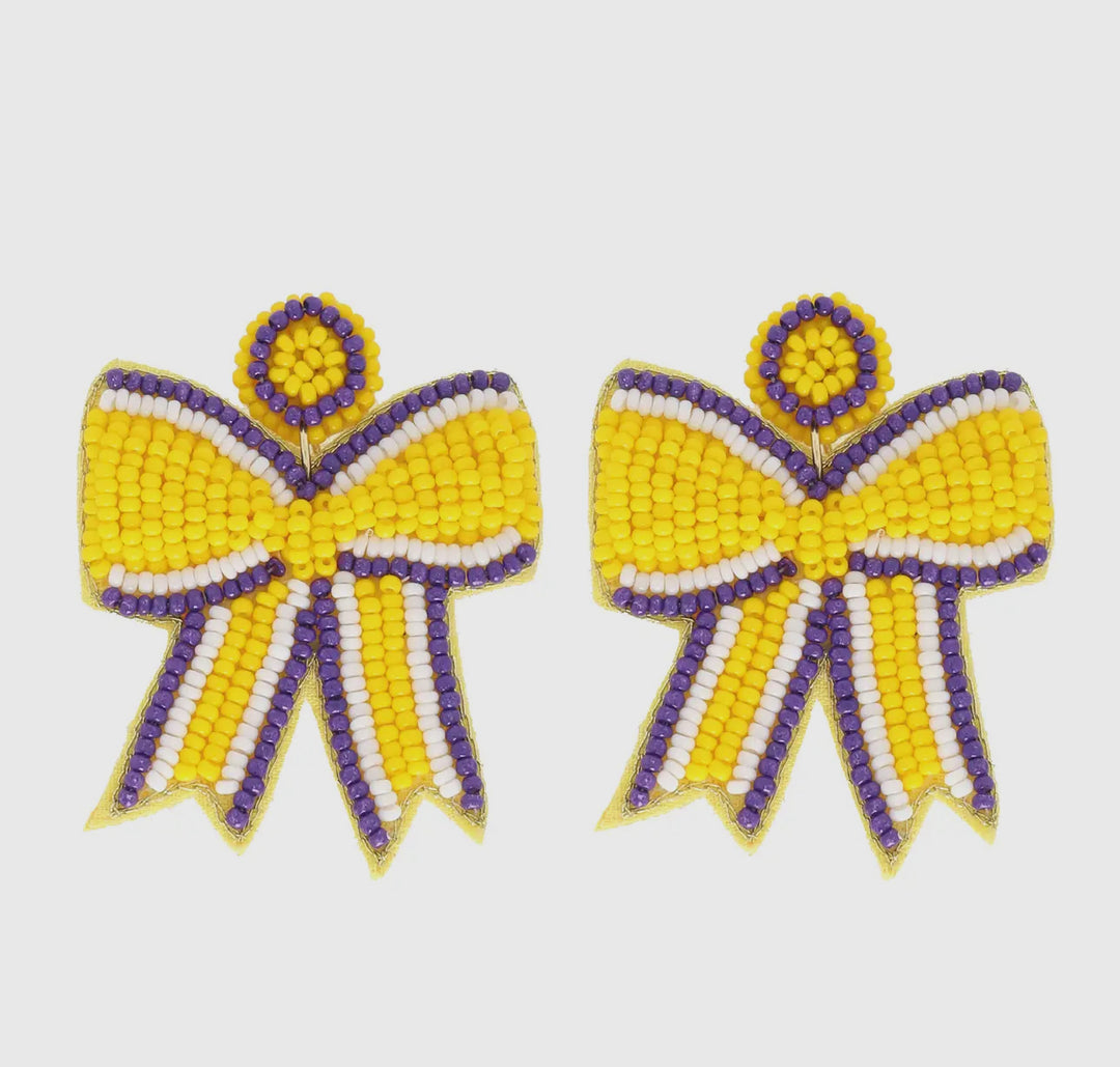 Game Day Striped Bow Ribbon Beaded Earrings-Earrings-Sophia Collection-Shop with Bloom West Boutique, Women's Fashion Boutique, Located in Houma, Louisiana