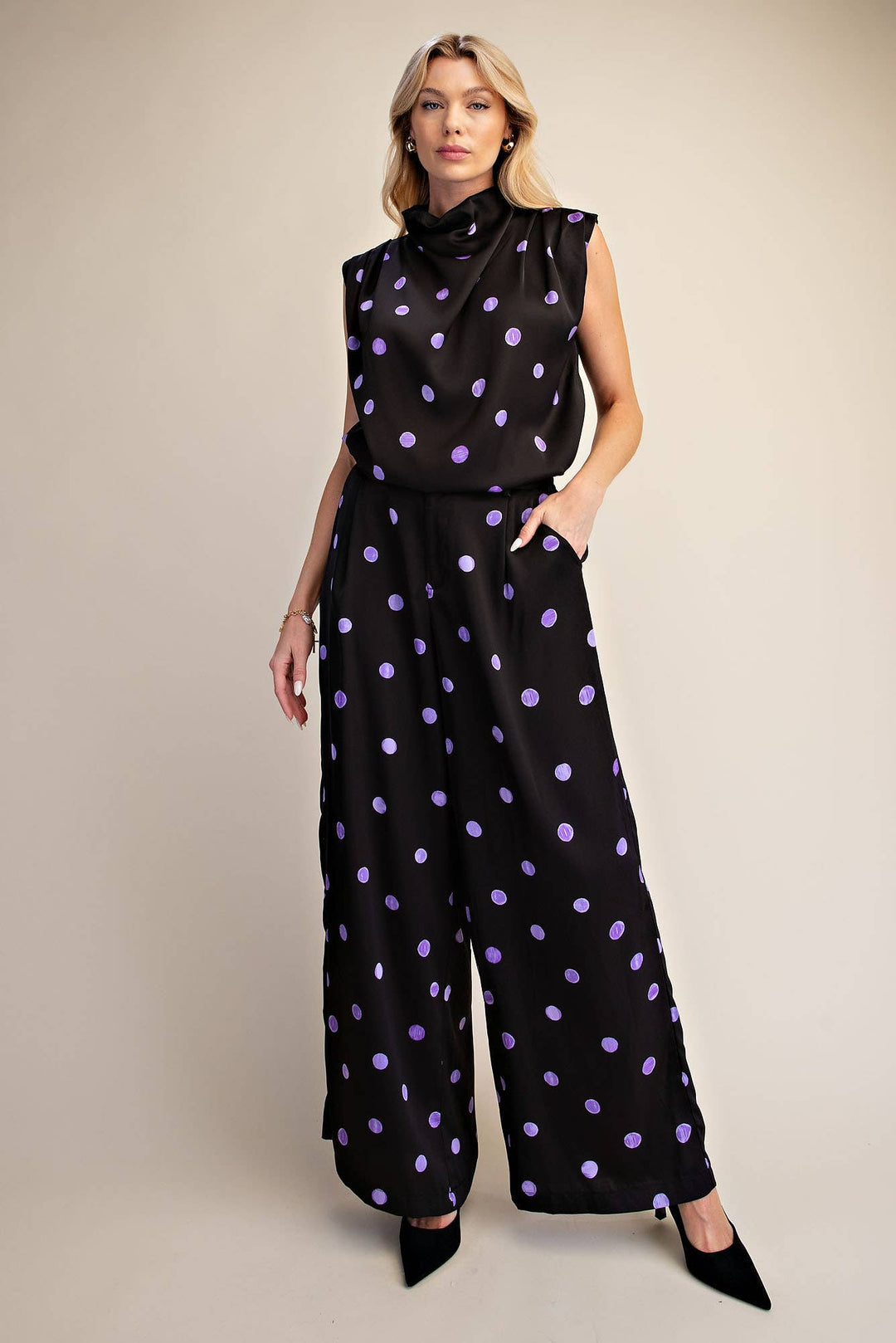 Cowl Mock Neck Pleats Shoulder Sleeveless Top Polka Dot-Glam-Shop with Bloom West Boutique, Women&