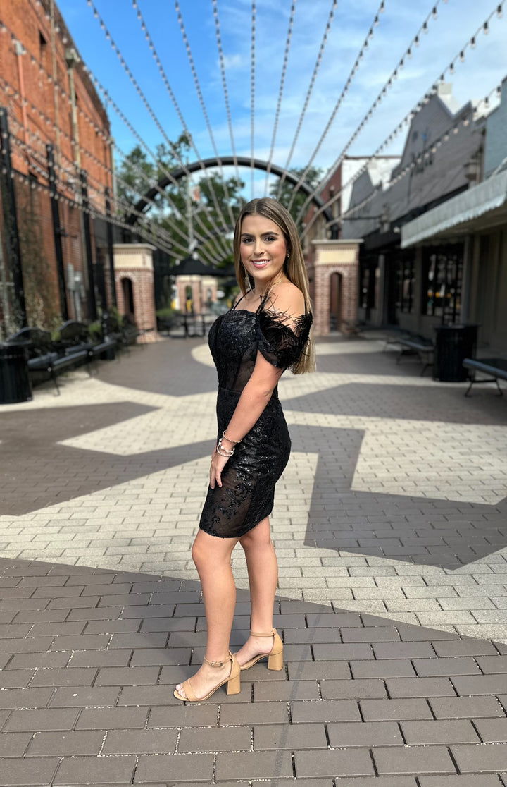 Annabeth Glitter V-Neck Feathered Sleeve Dress-Semi Formal Dresses-juliet-Shop with Bloom West Boutique, Women's Fashion Boutique, Located in Houma, Louisiana