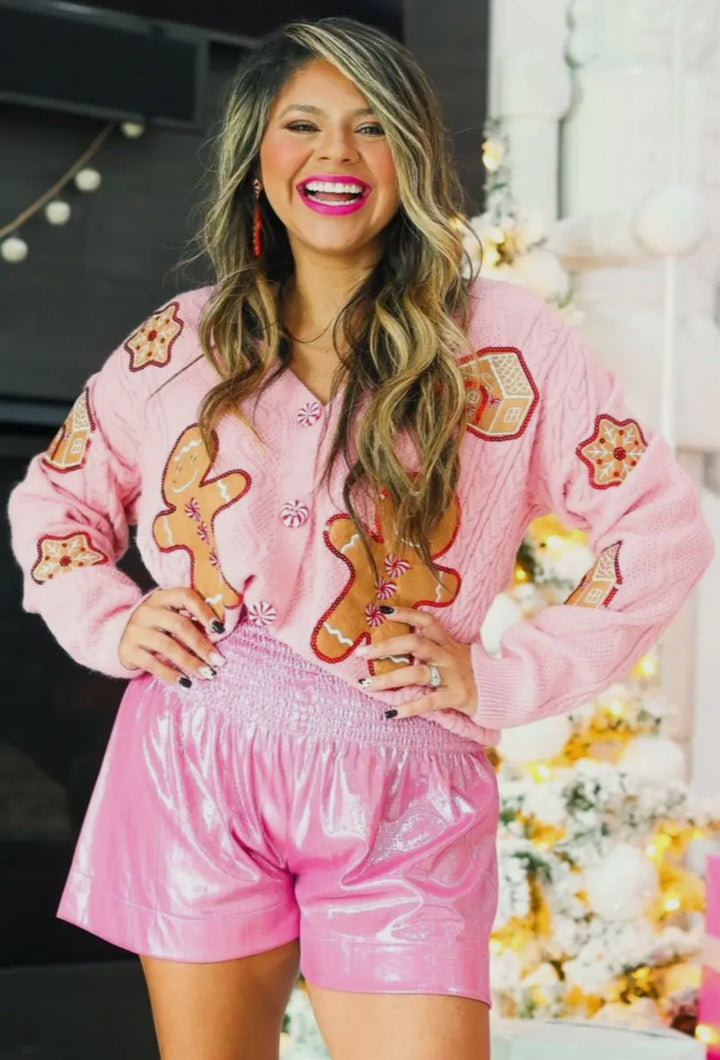 Liv Pink Gingerbread Man Cardigan-Cardigans-Southern Grace-Shop with Bloom West Boutique, Women's Fashion Boutique, Located in Houma, Louisiana