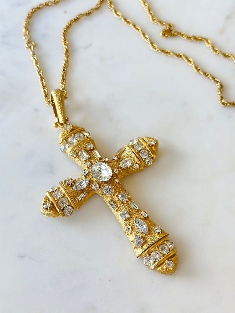 ☆【VINTAGE HOLLYWOOD】☆Delicated Texture Cross Necklac.e Stainless Steel Antiqued Polished & Textured Scroll Cross 22