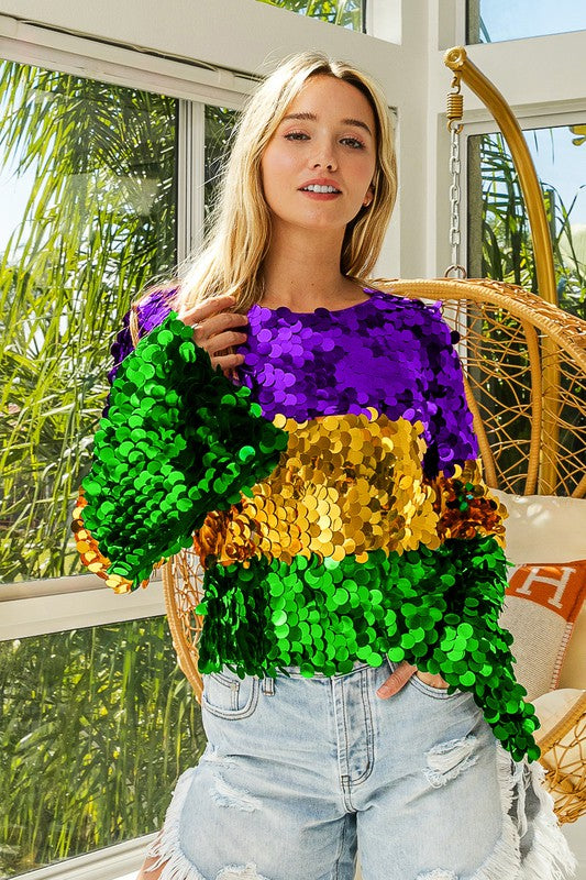 Mardi Gras Color Block Spangle Top-Long Sleeves-Bibi-Shop with Bloom West Boutique, Women's Fashion Boutique, Located in Houma, Louisiana