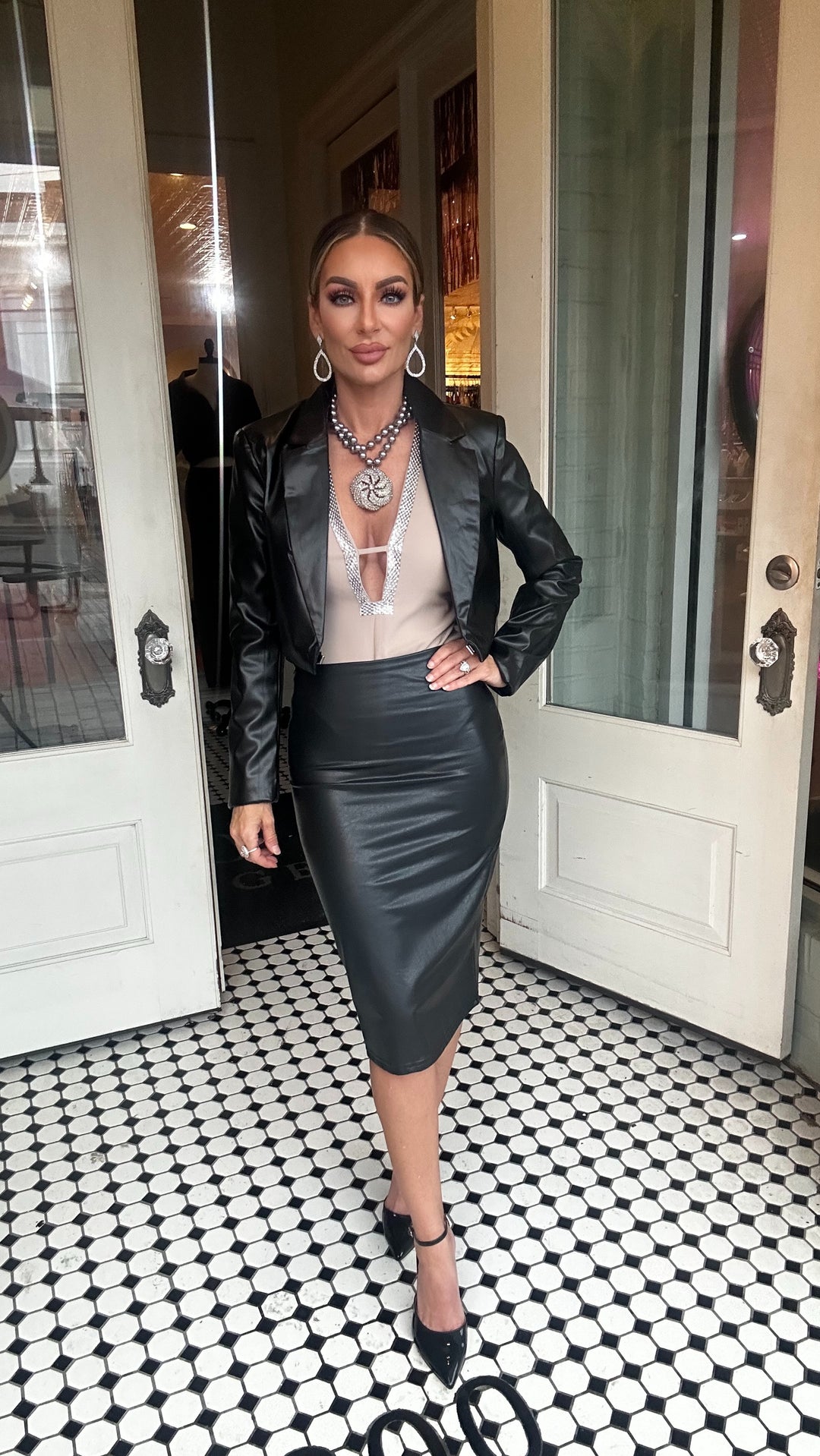 Annalise Faux Leather Midi Pencil Skirt-Skirts-edit by nine-Shop with Bloom West Boutique, Women's Fashion Boutique, Located in Houma, Louisiana