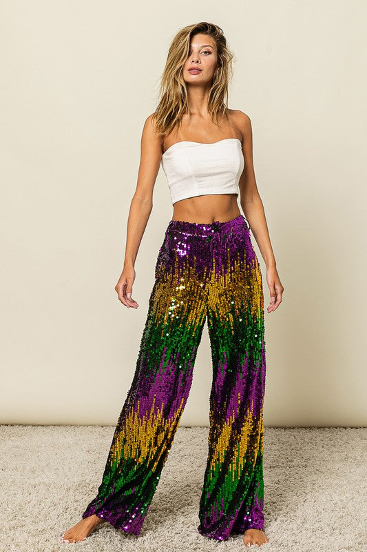 Mardi Gras Sequin Wide Leg Pants-Pants-Bibi-Shop with Bloom West Boutique, Women's Fashion Boutique, Located in Houma, Louisiana