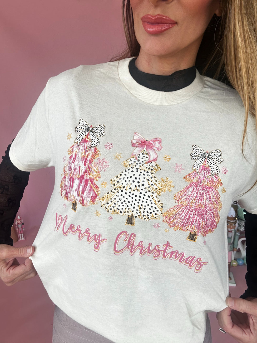 Pink Three Bows Yule Tee-Shirt-Graphic Tees-Christmas tee's-Shop with Bloom West Boutique, Women's Fashion Boutique, Located in Houma, Louisiana