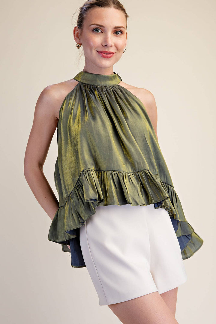 Ruffle Halter Top With Back Neck Tie-Glam-Shop with Bloom West Boutique, Women&