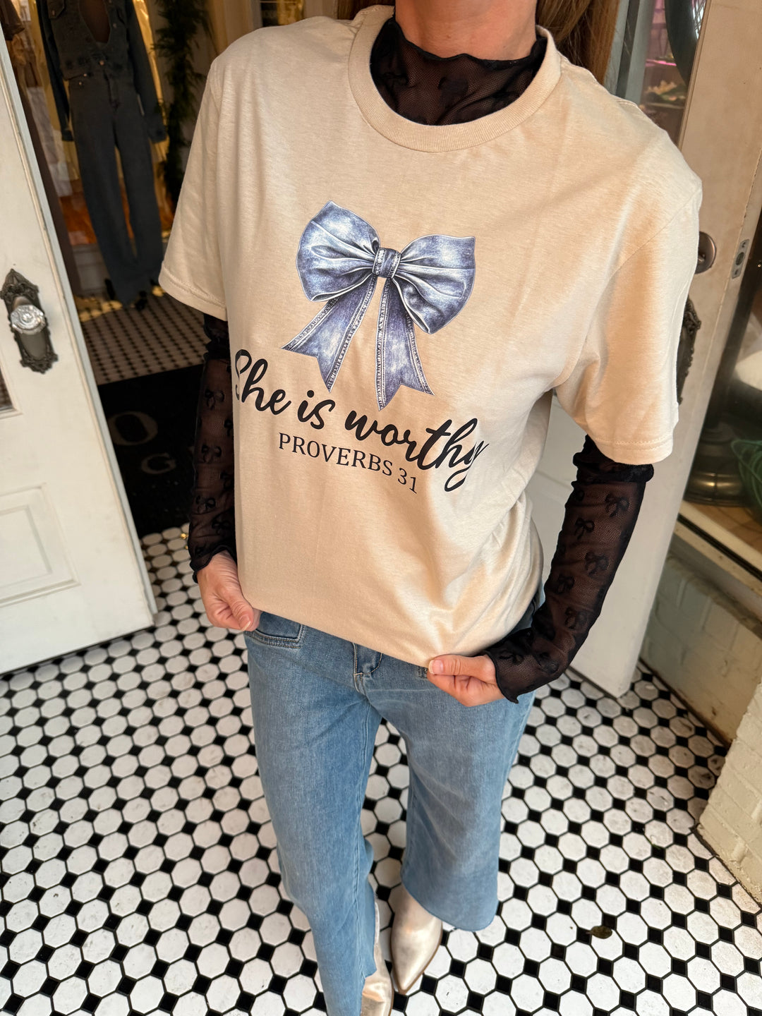 She is Worthy Bow Tee-Shirt-Graphic Tees-The Wild Navy-Shop with Bloom West Boutique, Women's Fashion Boutique, Located in Houma, Louisiana