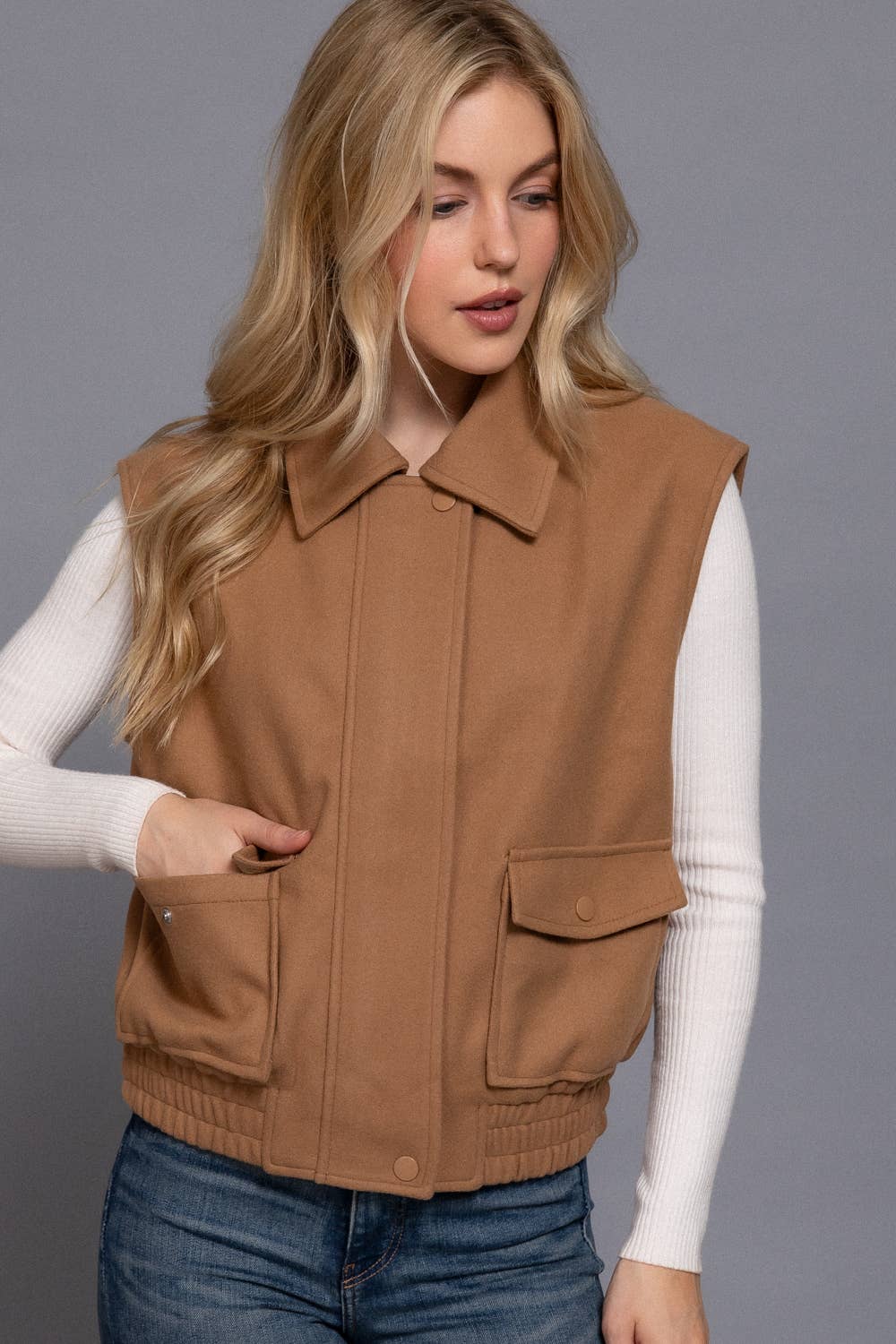 Collar Zip Up Vest Camel-Vests-Active Basic | Active USA-Shop with Bloom West Boutique, Women's Fashion Boutique, Located in Houma, Louisiana