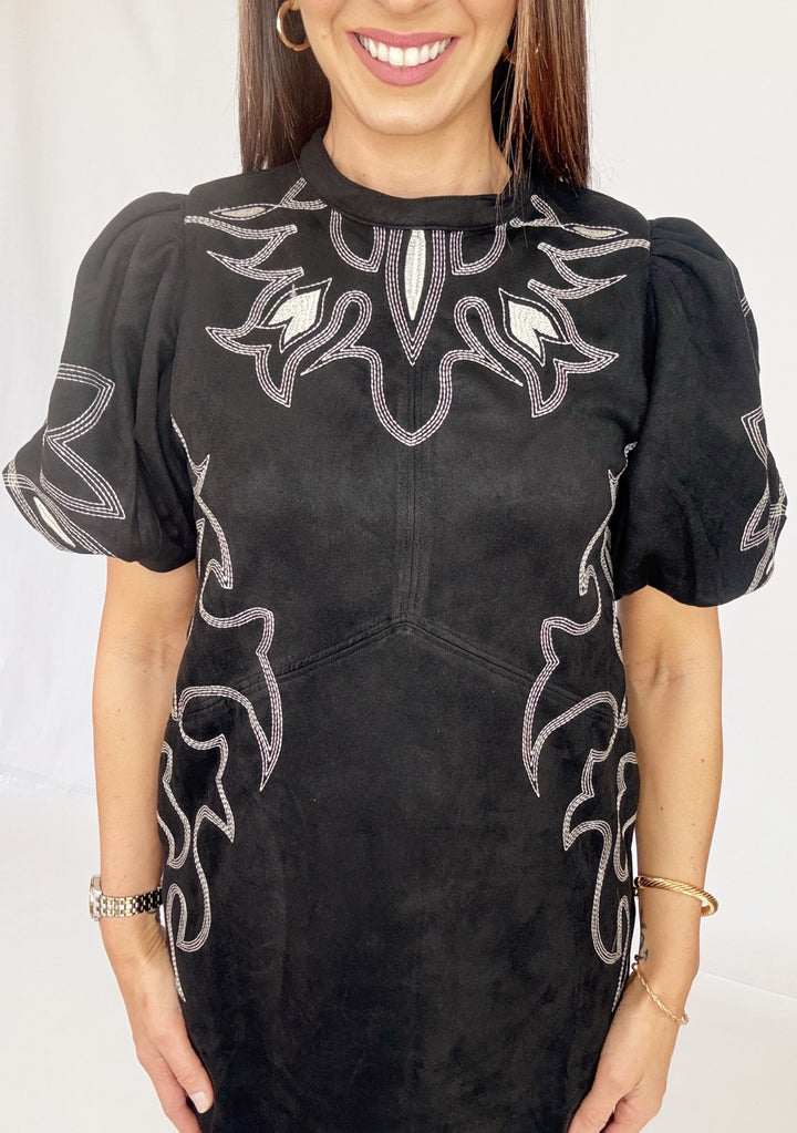 THML Puff Sleeve Embroidery Detail Suede Dress-Dresses-THML-Shop with Bloom West Boutique, Women's Fashion Boutique, Located in Houma, Louisiana