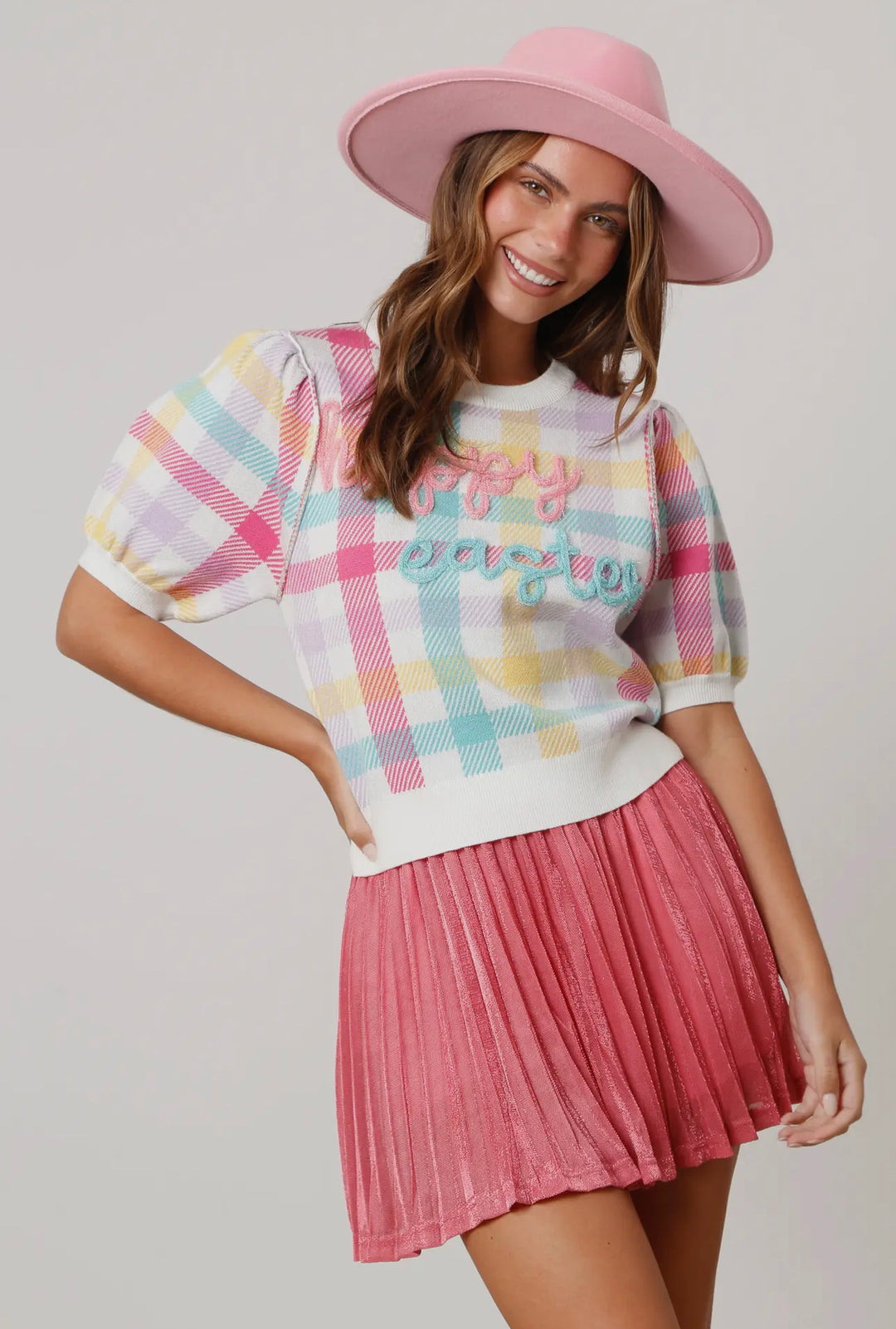 Happy Easter Puff Sleeve Gingham Pattern Sweater-Sweaters-Peach Love-Shop with Bloom West Boutique, Women's Fashion Boutique, Located in Houma, Louisiana